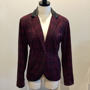 Ponte Plaid Blazer With Faux Leather Trim