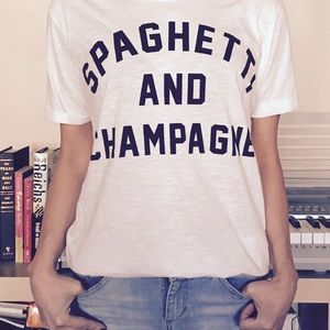 "Spaghetti and Champagne" white T Boyfriend Style
