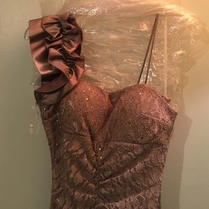 Burnished gold one shoulder prom dress