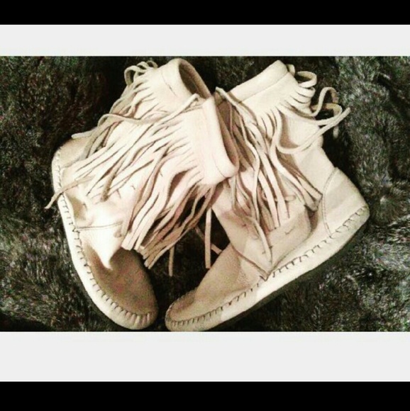 Moccasins  off white ankle fringe leather so cute