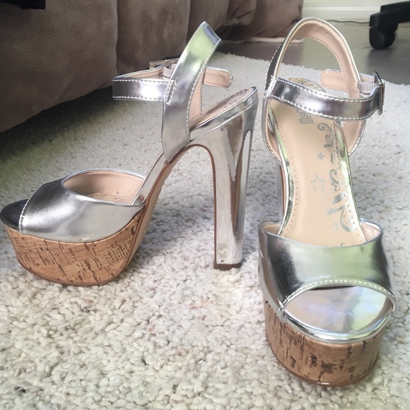 Metallic silver platform heels