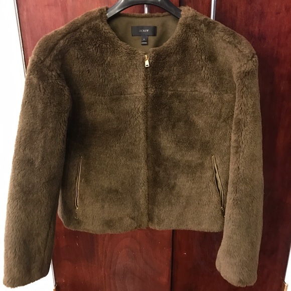 J.Crew army green faux fur jacket