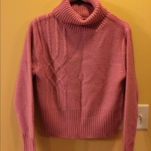Pink cowl neck cable sweater