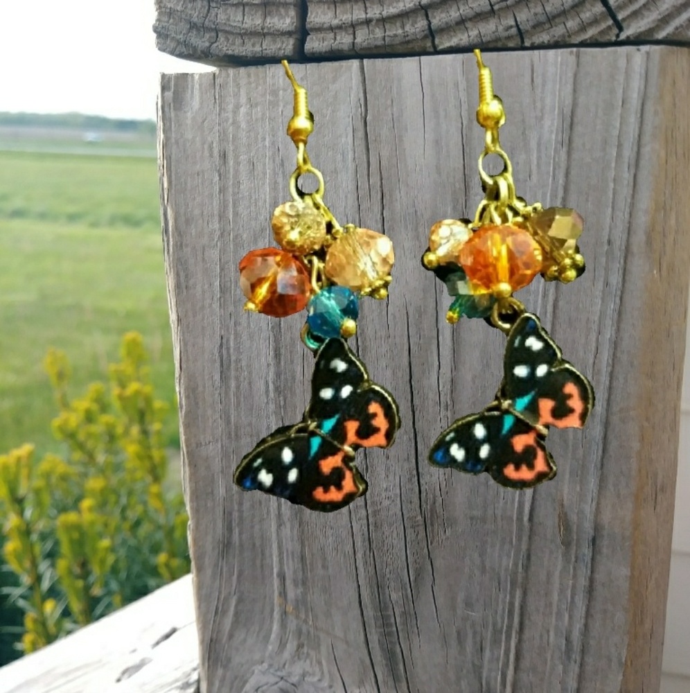 Handmade artisan butterfly crystal dangle earrings