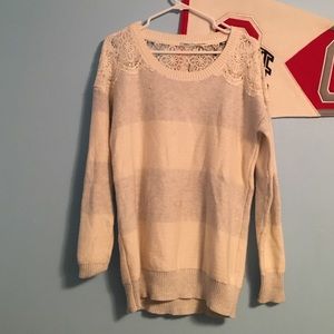 White & Grey striped sweater, partial lace