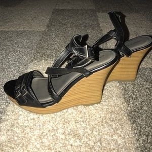 Black Strap Slingback With Wooden Wedge Heels
