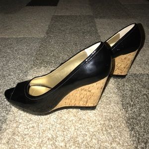 Tahari patent leather cork wedge heel
