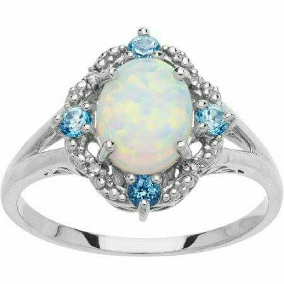 OPAL AND BLUE TOPAZ STERLING SILVER RING SIZE 9