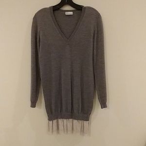 Beautiful long grey sweater with lace detailing