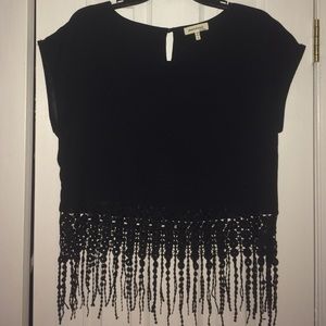 Black Crochet-Fringe Crop Top