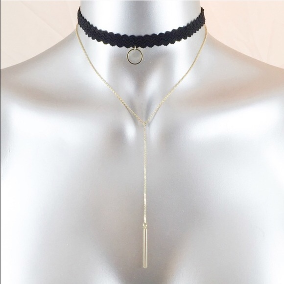 GOLD Y LARIAT CHAIN BLACK Ring CHOKER Necklace