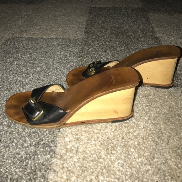 Coach leather open toe buckle wood wedge heel