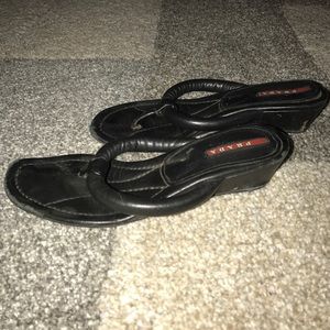 Prada black thong wedge sandal