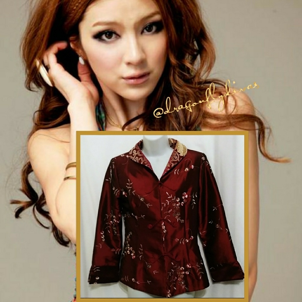 Red Brocade Sequined Mandarin Collar Jacket