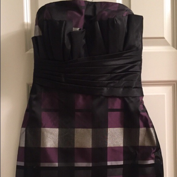 Purple & metallic grey checkered dress, strapless
