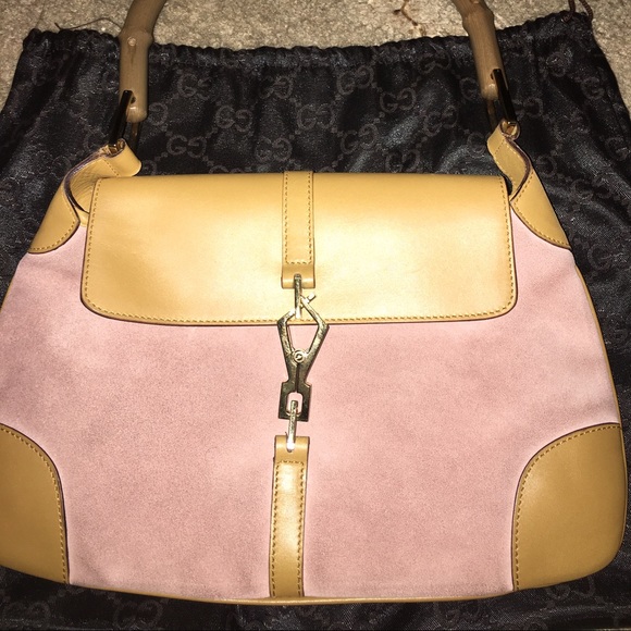 Gucci Pink Tan suede Bamboo handle handbag