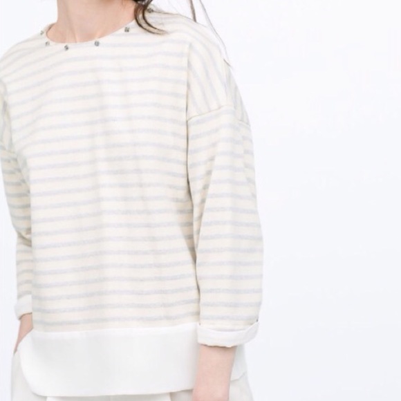 Zara Sweaters - Zara Stripe Gray & White Jeweled Sweater