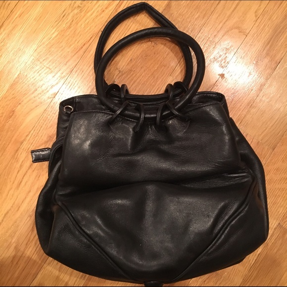 Black leather handbag with shoulder strap