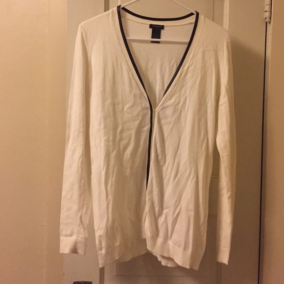 Ann Taylor white cardigan w/ black pleather trim