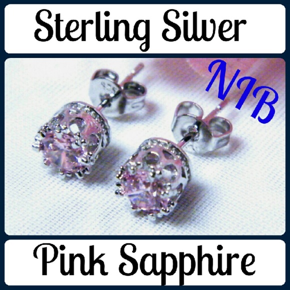 Pink Sapphire Jewelry - Sterling Silver Pink Sapphire Crown Earring Studs