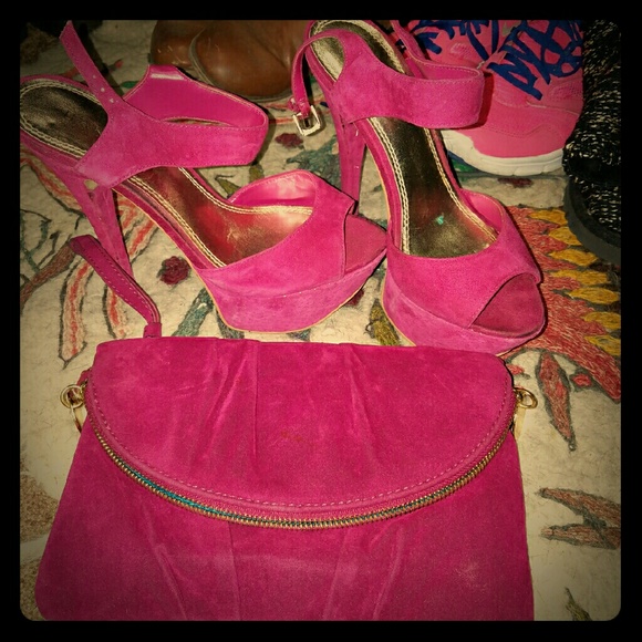 Pink platform stilettos and matching clutch