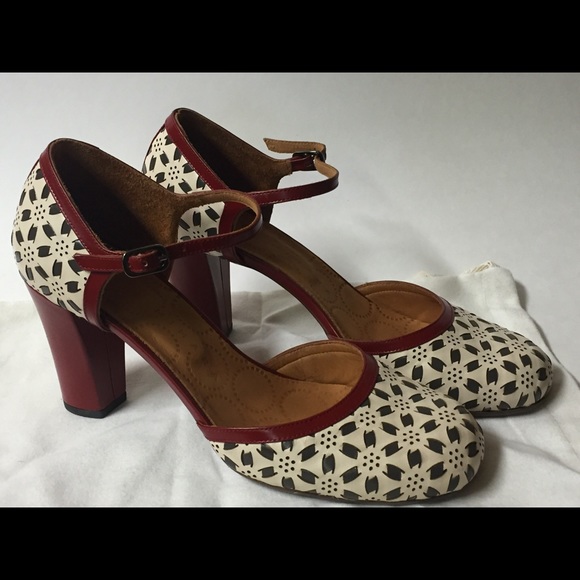 Chie Mihara heels in dark red w white and gray