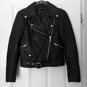 Zara real leather zipper biker jacket with buckle