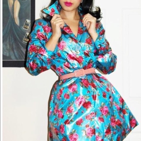 Betsey Johnson Blue Raincoat w/ pink roses (m)