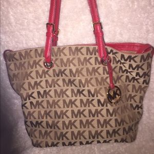 Monogrammed Michael Kors Red and Tan Tote