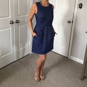 J. Crew cobalt blue and silver polka dot dress.