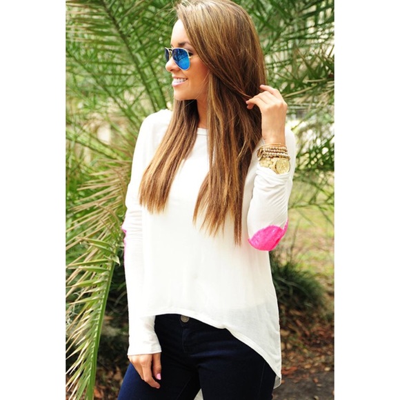 White Top With Neon Pink Sequin Elbow Patches