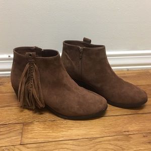 Brown suede booties with fringe on side