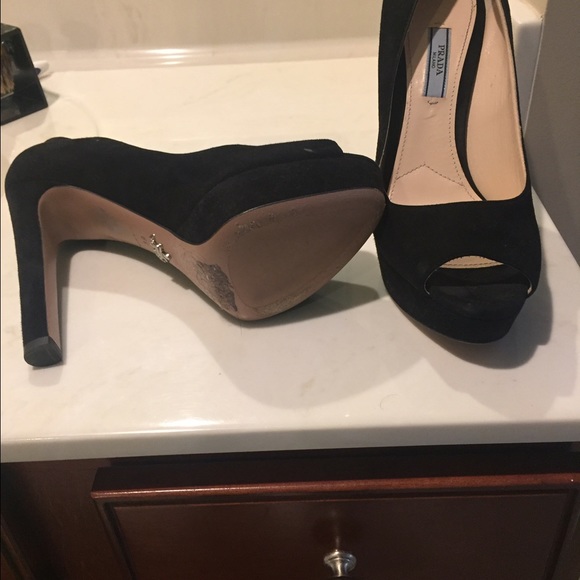 Prada black suede peep toe platforms