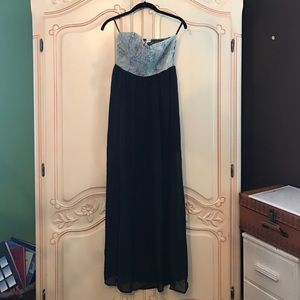NWT Mimi Chica Strapless Denim  Chiffon Maxi Dress