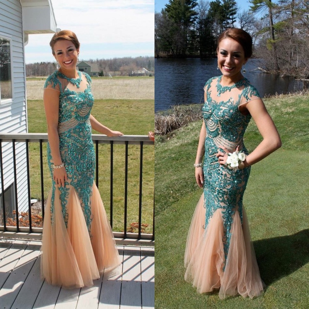 Sherri Hill Long Nude/Teal Dress