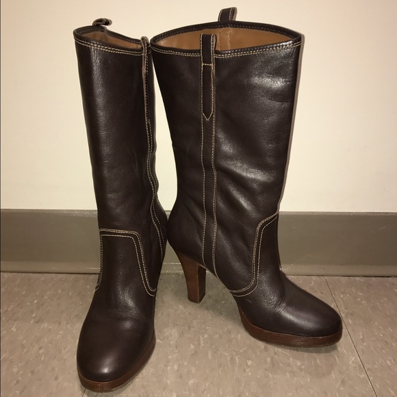 High heel brown leather boots