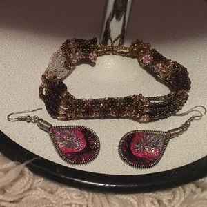 Beaded boho bracelet with brilliant earrings.