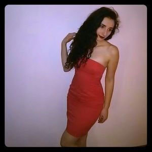 Coral pink strapless party dress