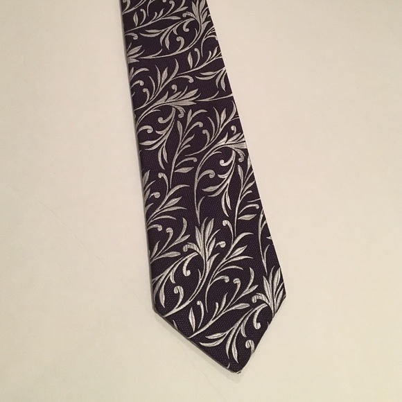 Etro navy blue silk tie, silver floral pattern