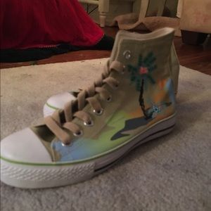 Brown,blue&black palm tree print high top sneakers