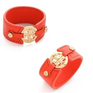 Tory Burch Orange Leather Logo Buckle Bracelet
