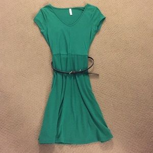 Green dress with a blue belt