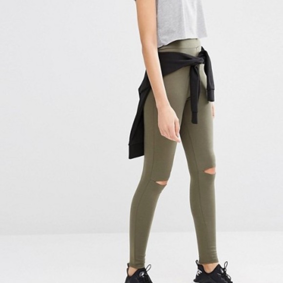 Olive Green Knee Slit Leggings