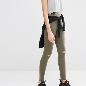 Olive Green Knee Slit Leggings