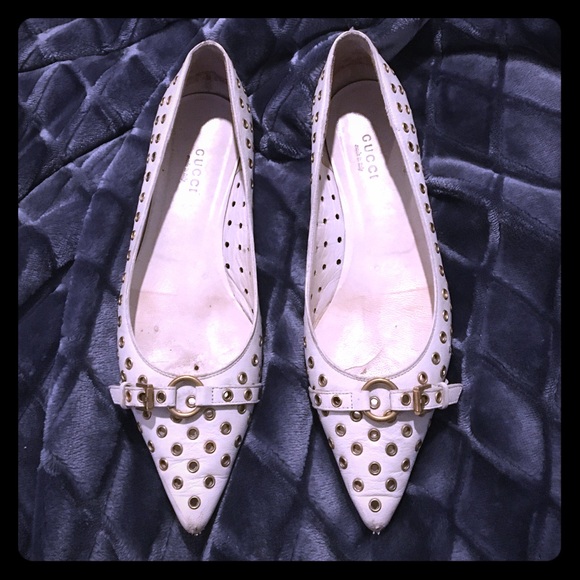 Gucci White Leather Flats with Gold cut outs