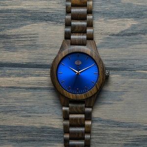 Wooden watch with blue dial