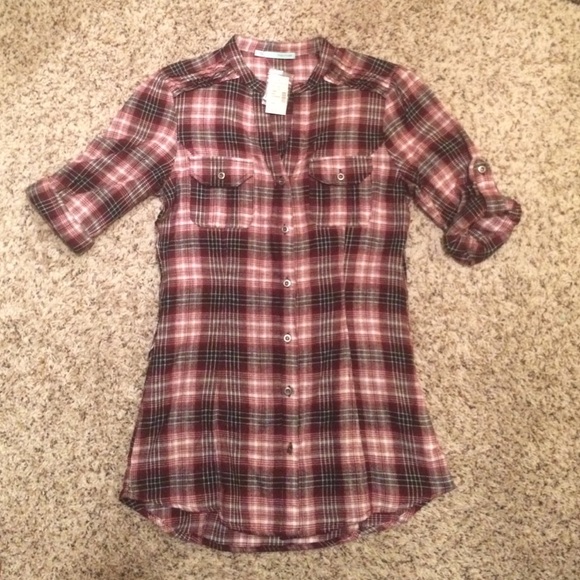 Long Red, White and Black Plaid Button Up Shirt