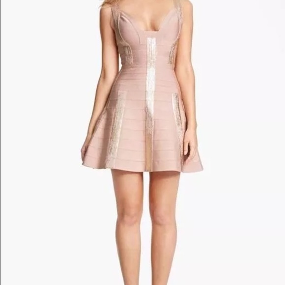 Herve Leger Shayla Rose Gold Metallic Dress L NWT