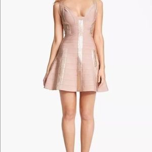 Herve Leger Shayla Rose Gold Metallic Dress L NWT