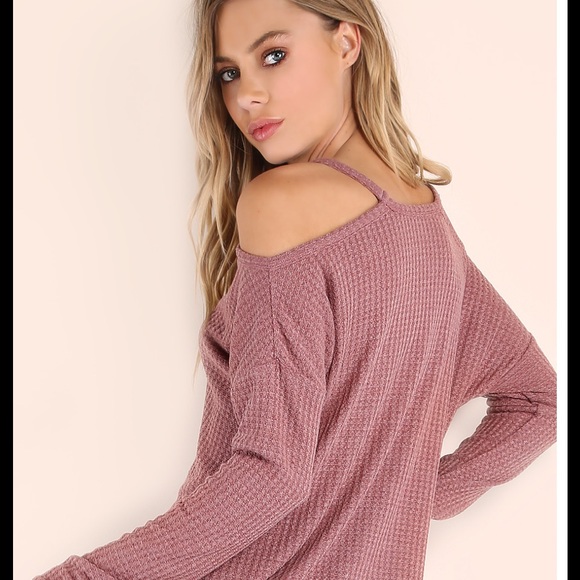 Pink Heather Waffle Cold Shoulder Top - Picture 3 of 5